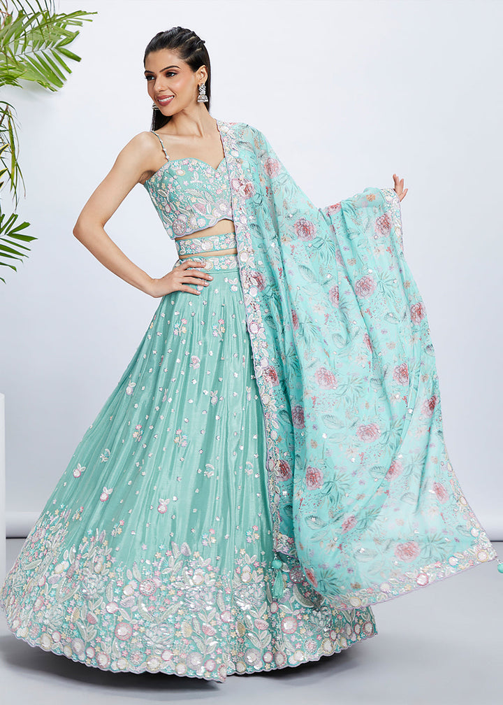 Blue Green Chiffon Lehenga Choli with Sequins & Thread Embroidery work