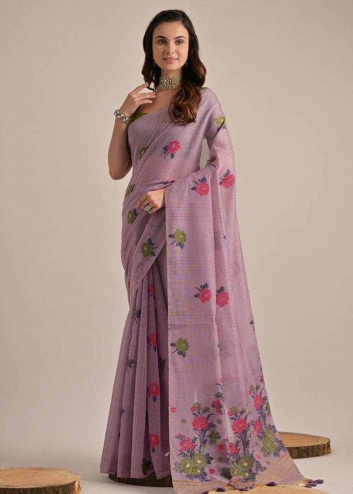 Thistle Purple Thread Woven Cotton Saree With Contrast Blouse