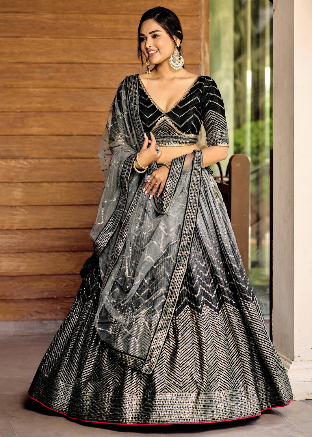 Sparkle Black Chinon Silk Lehenga With Sequence and Thread Embroidery Work