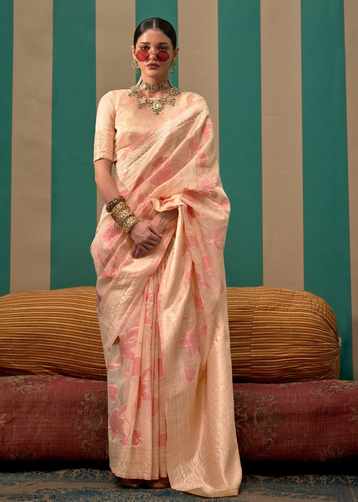 Peach Handloom Weaving Linen Saree