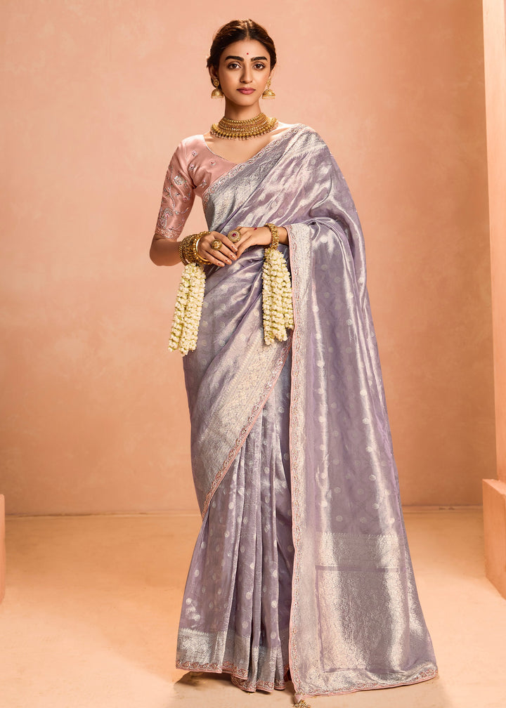 Periwinkle Purple Zari Tissue Silk Saree With Weaving Work And Heavy Embroidery Lace