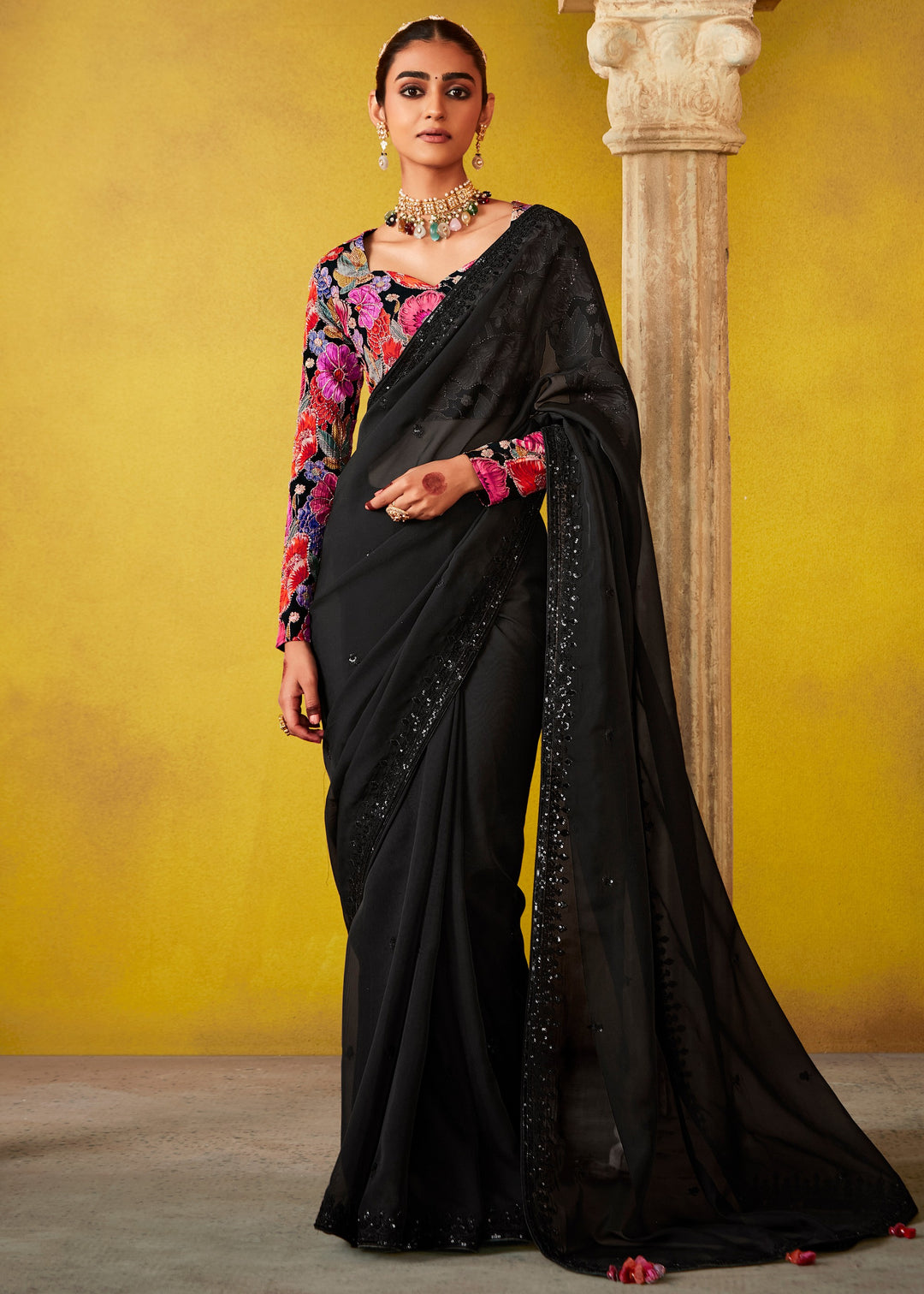 Ink Black Glass Tissue Silk Saree With Sequins And Thread Embroidered Work