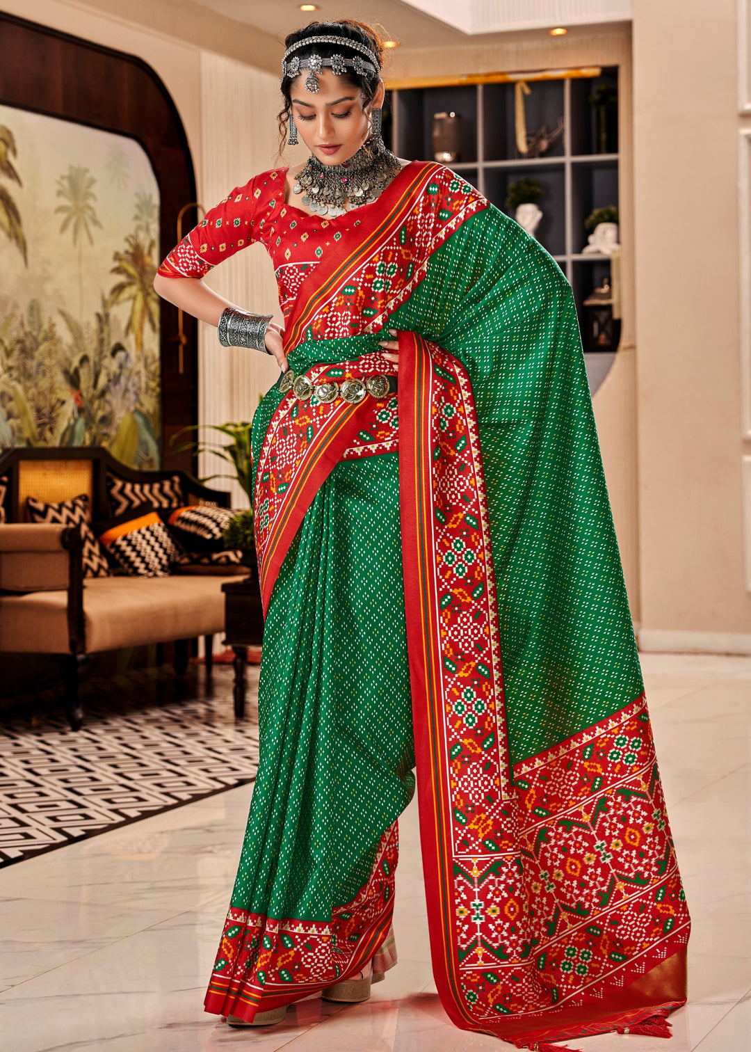 Shamrock Green Tussar Silk Saree With Beautiful Patola Print