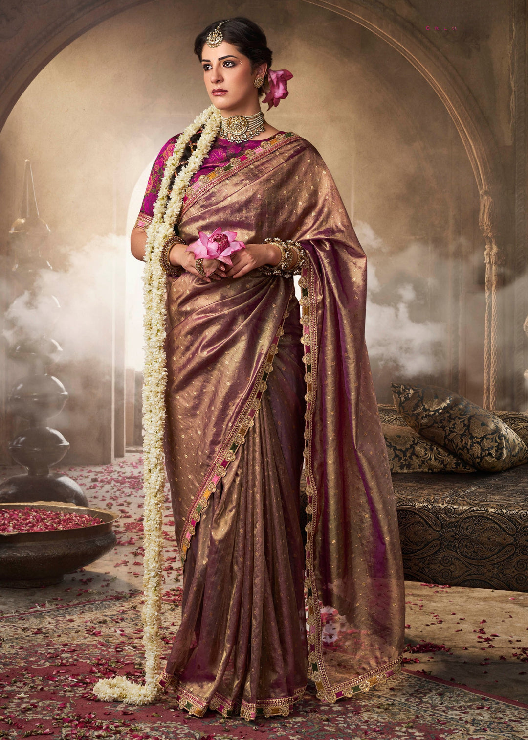 Purpleish Tissue Silk Saree With Multicolored Lace & Designer Blouse