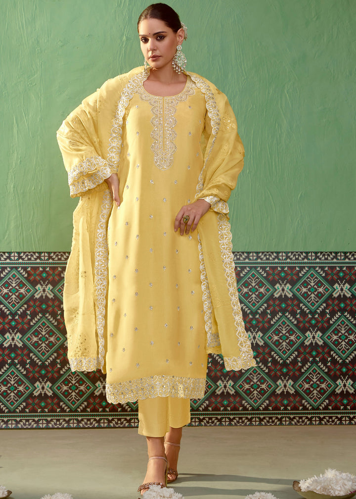 Yellow Pure Bamber Silk with Embroidery Salwar Suit