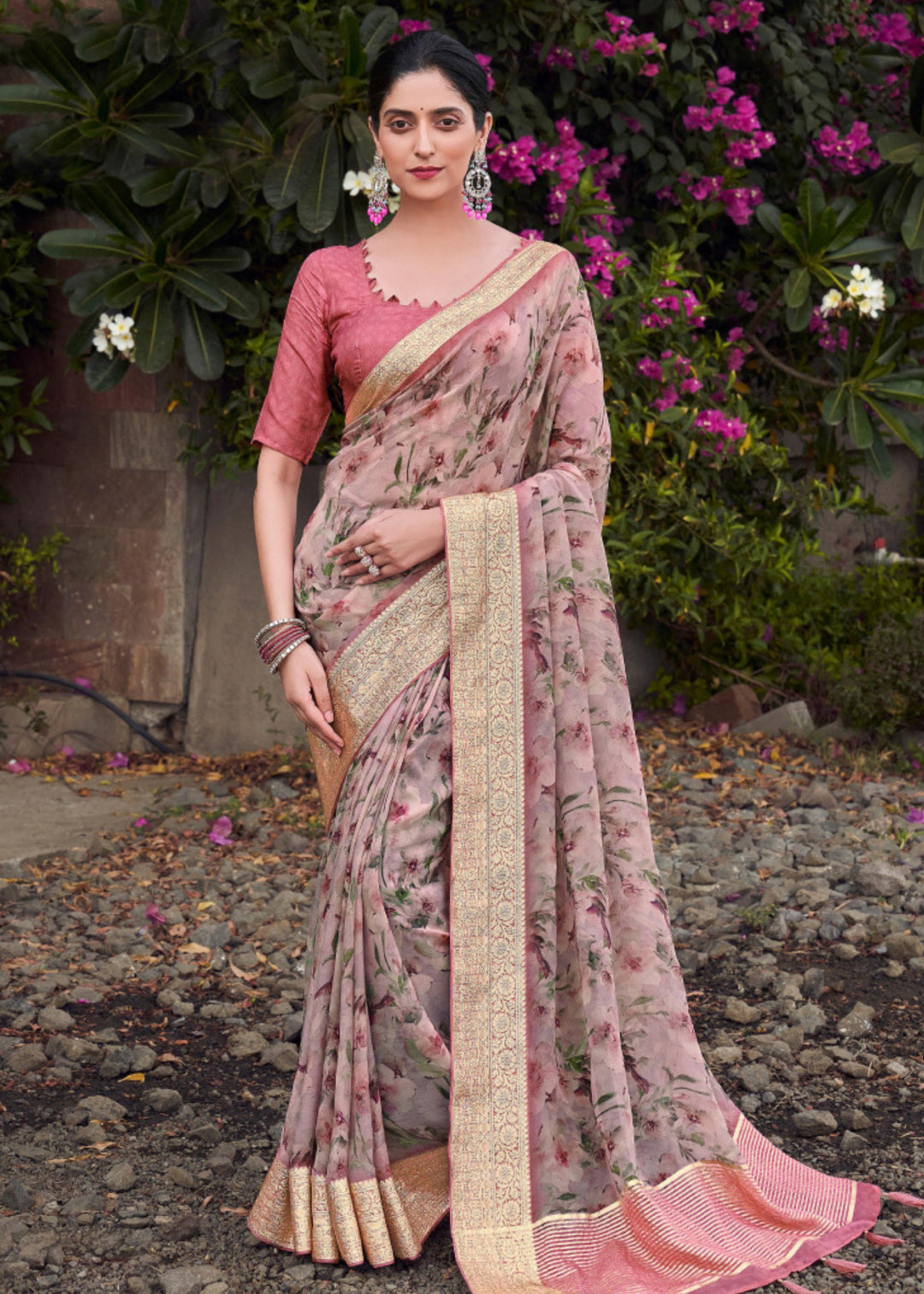 Pinkish Beige Floral Printed Silk Saree with Contrast Blouse