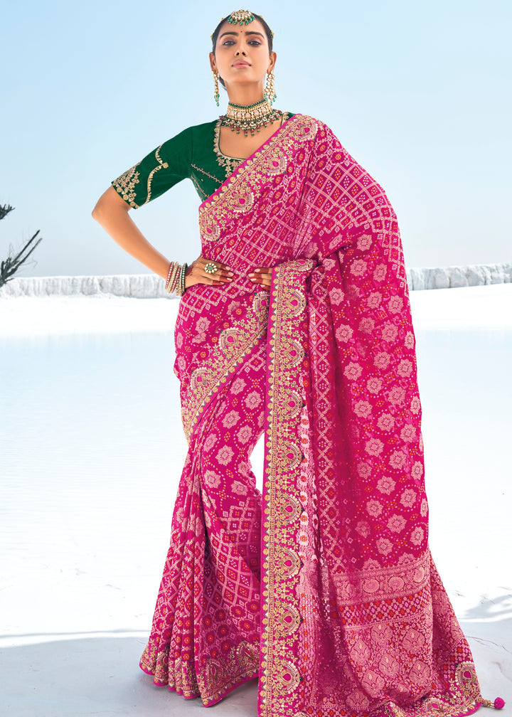 Hot Pink Pure Georgette Bandhani Patola With Zari Weaving Heavy Work Saree