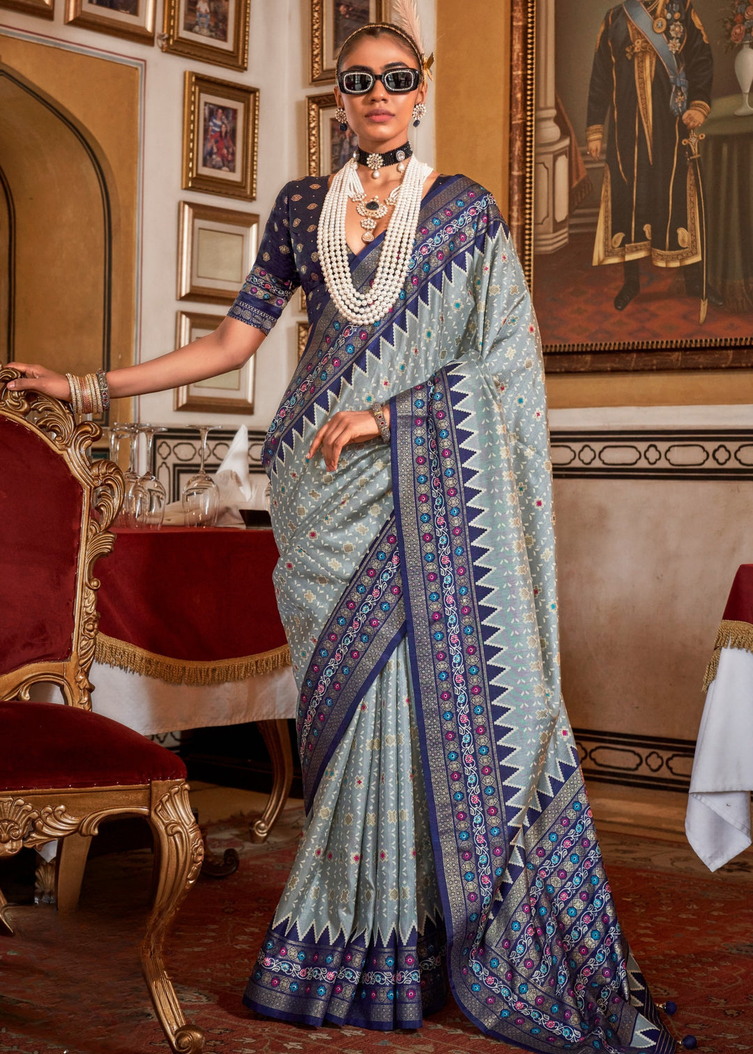 Light Steel Blue Silk Saree With Traditional Classic Design