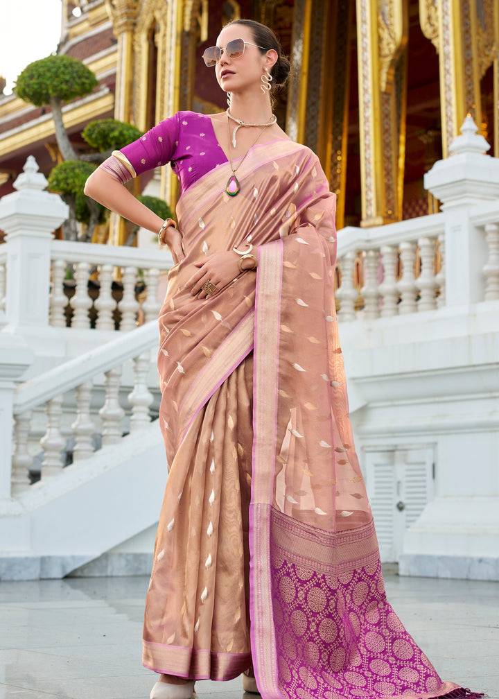 Shades of Pink Tissue Silk Saree With Zari Weaving And Contrast Blouse