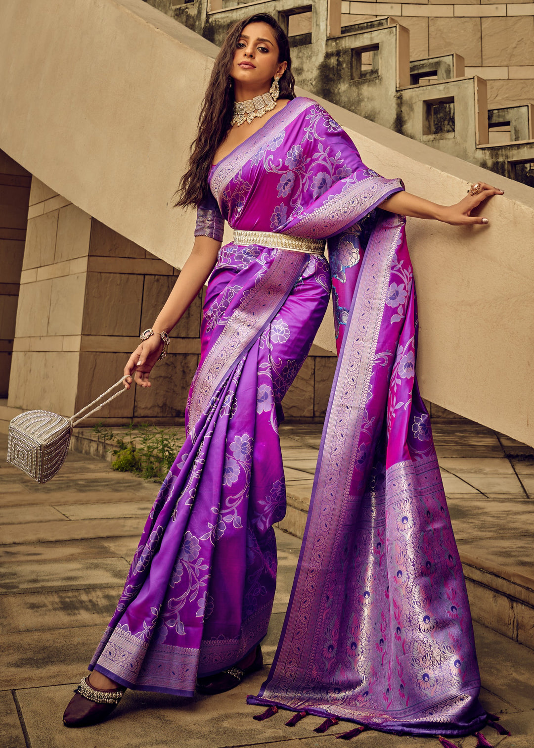 Purple Handloom Weaving Satin Saree