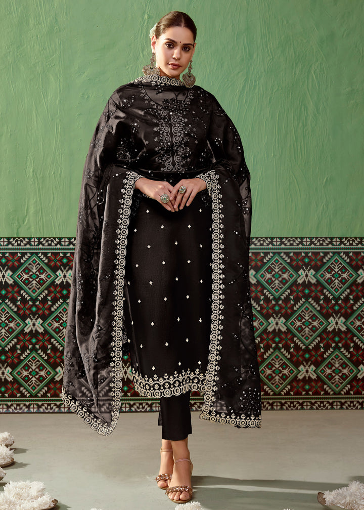 Black Pure Bamber Silk with Embroidery Salwar Suit