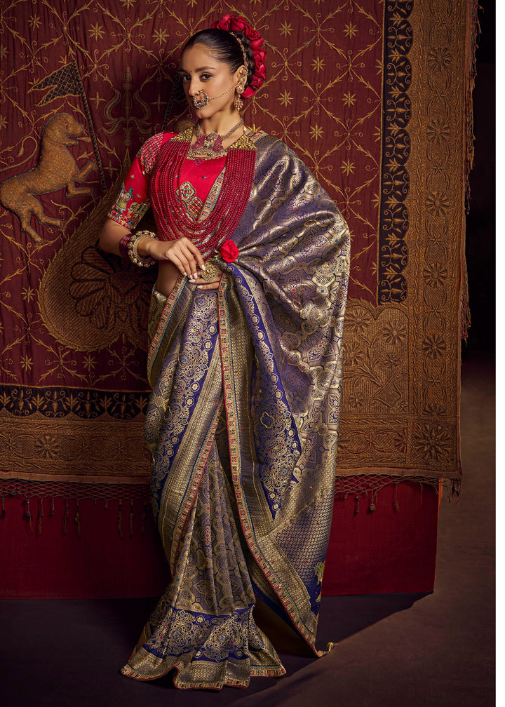 Royal Blue Pure Viscose Dola Silk Saree With Handwork On Blouse And Pallu