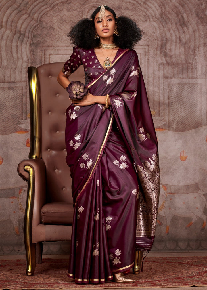 Wine Pure Satin Handloom Weaving Silk Saree