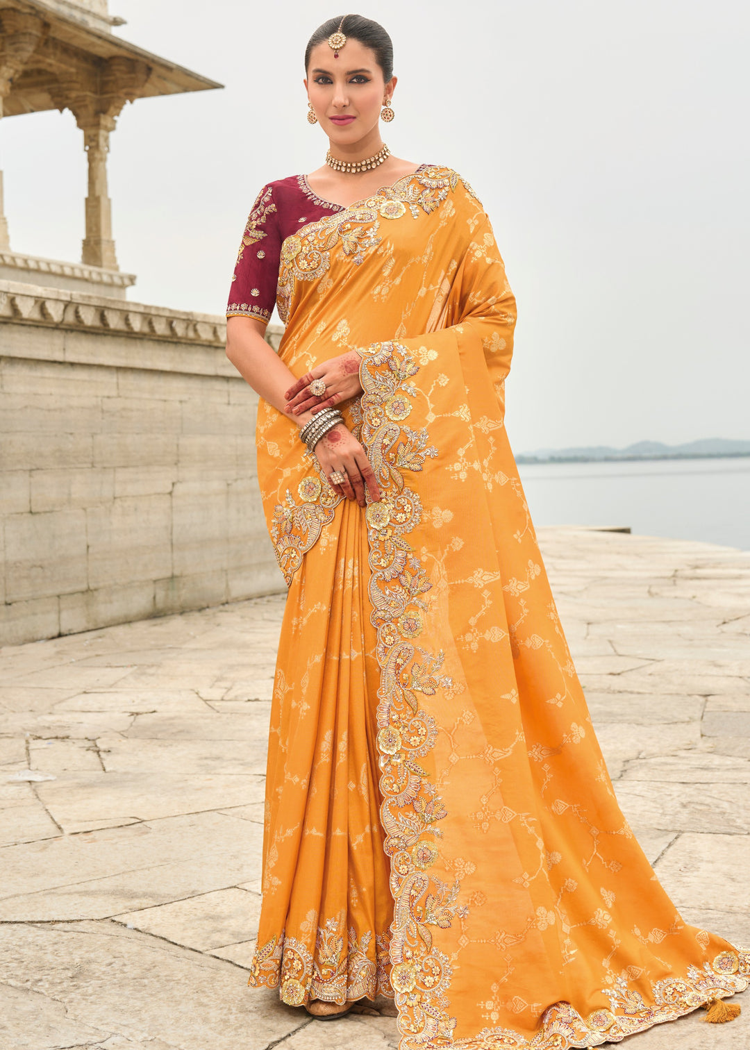 Orange Viscose Tissue Silk Saree With Embroidery Cut Work Border And Sequence Work