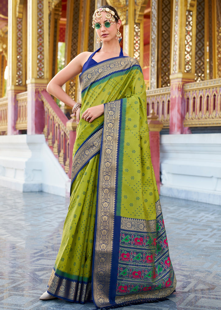 Pear Green Tusser Handloom Silk Saree With Zari Weaving Border & Patola Weaved Pallu