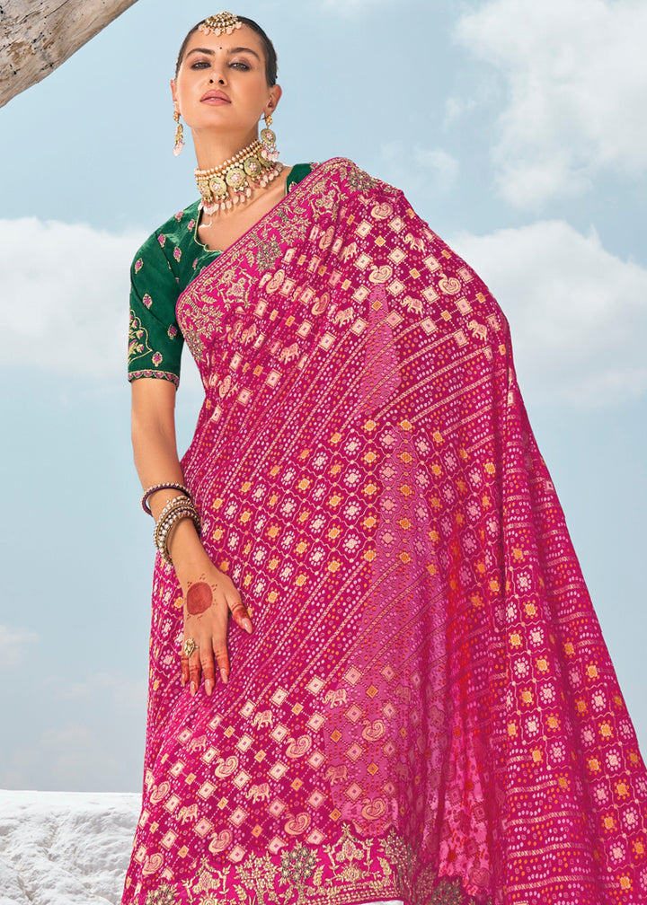 Barbie Pink Pure Georgette Bandhani Patola With Zari Weaving Heavy Work Saree