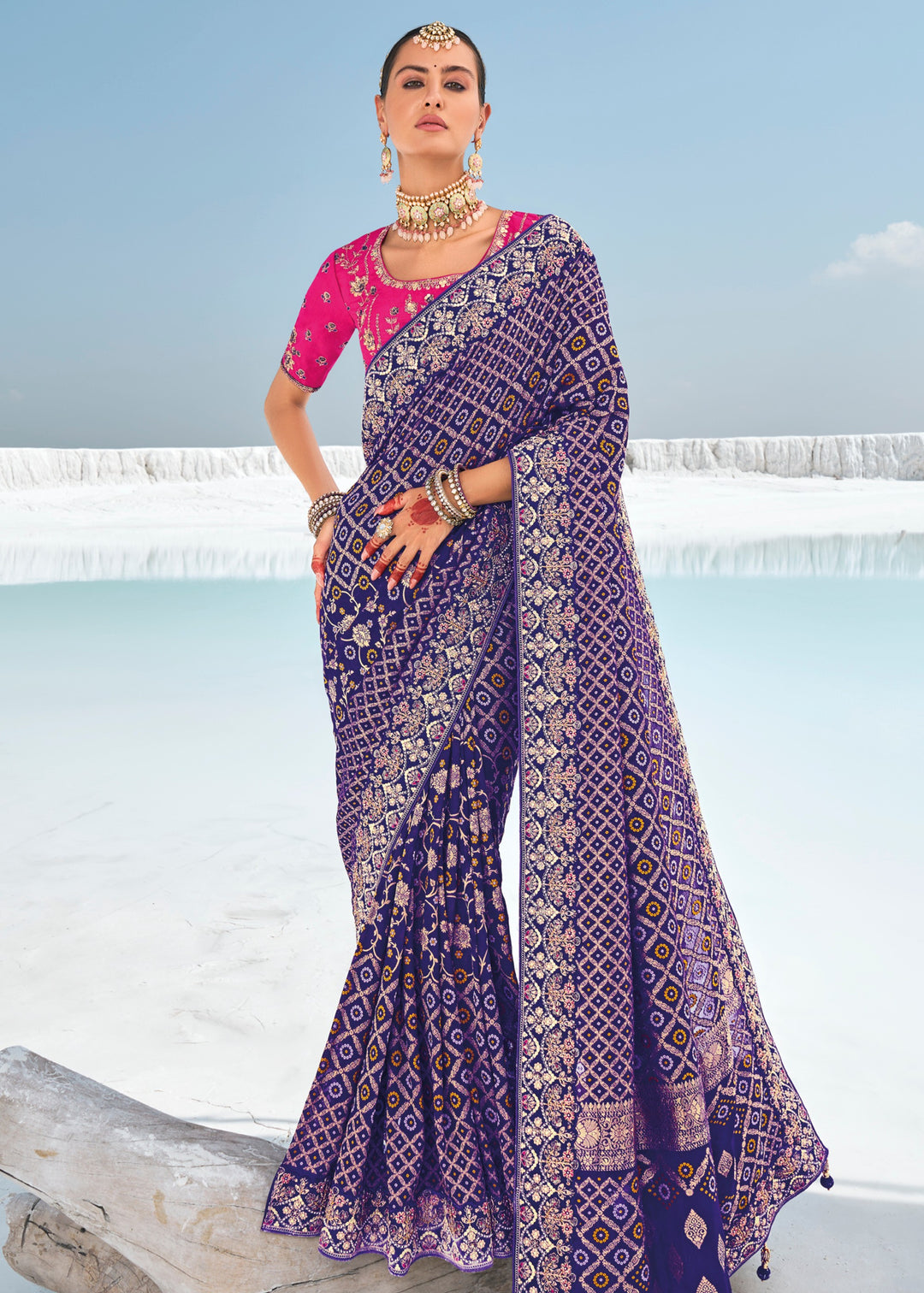 Indigo Blue Pure Georgette Bandhani Patola With Zari Weaving Heavy Work Saree