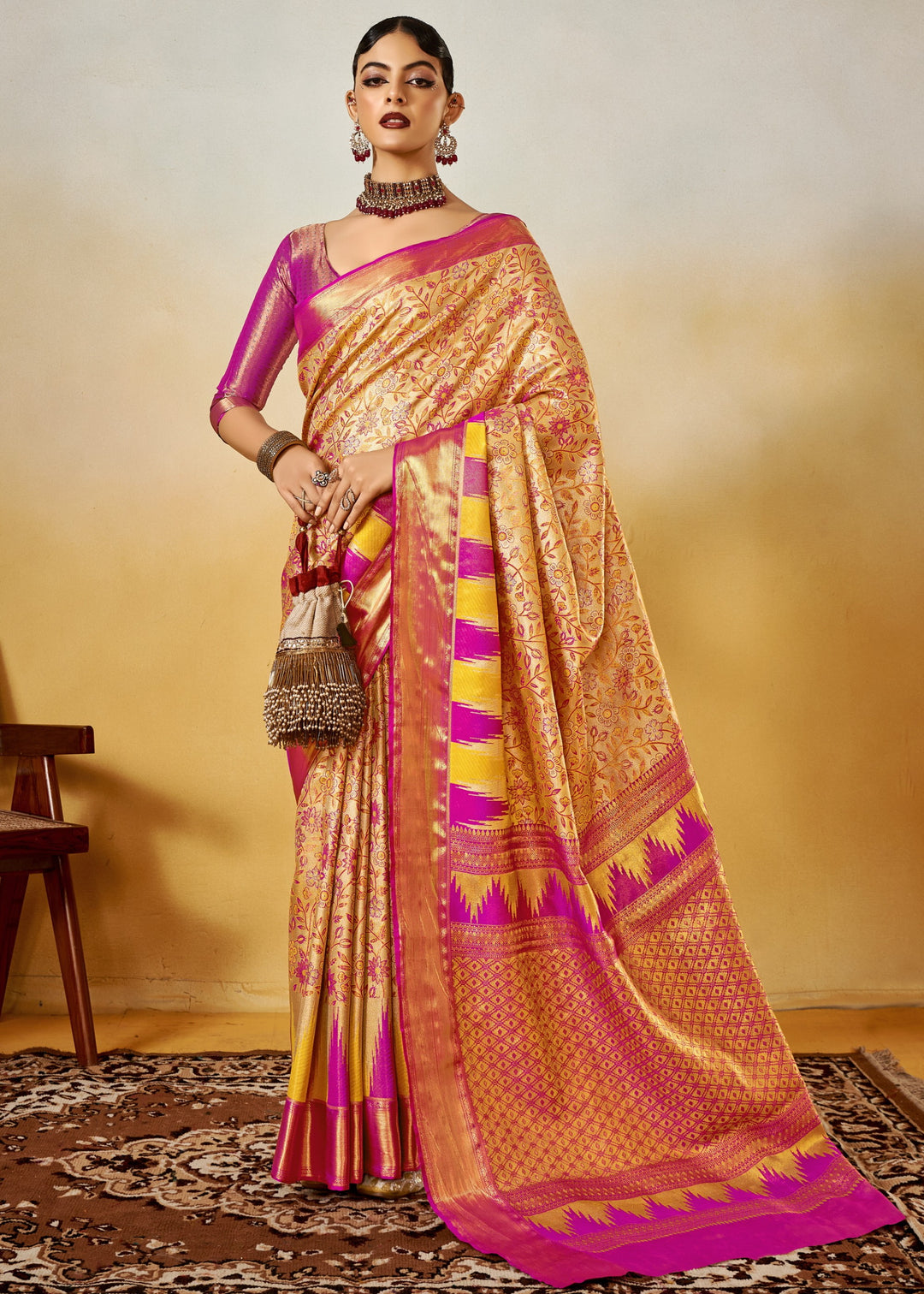 Yellow and Pink Handloom Dharamavaram Silk Saree