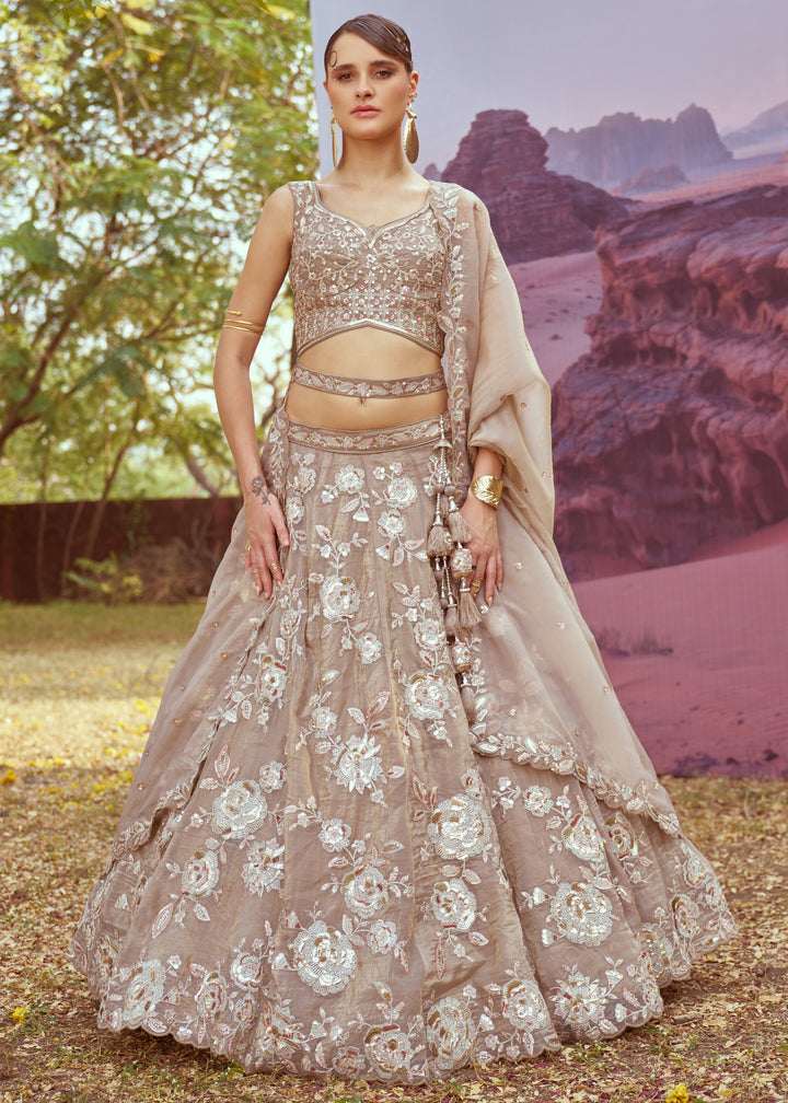 Beige Organza Sequins embroidery Lehenga