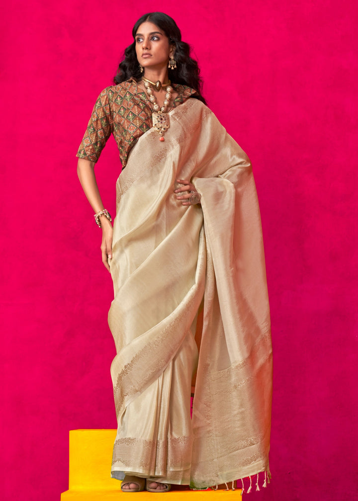 Beige Zari Tissue Silk Saree With Weaving Border