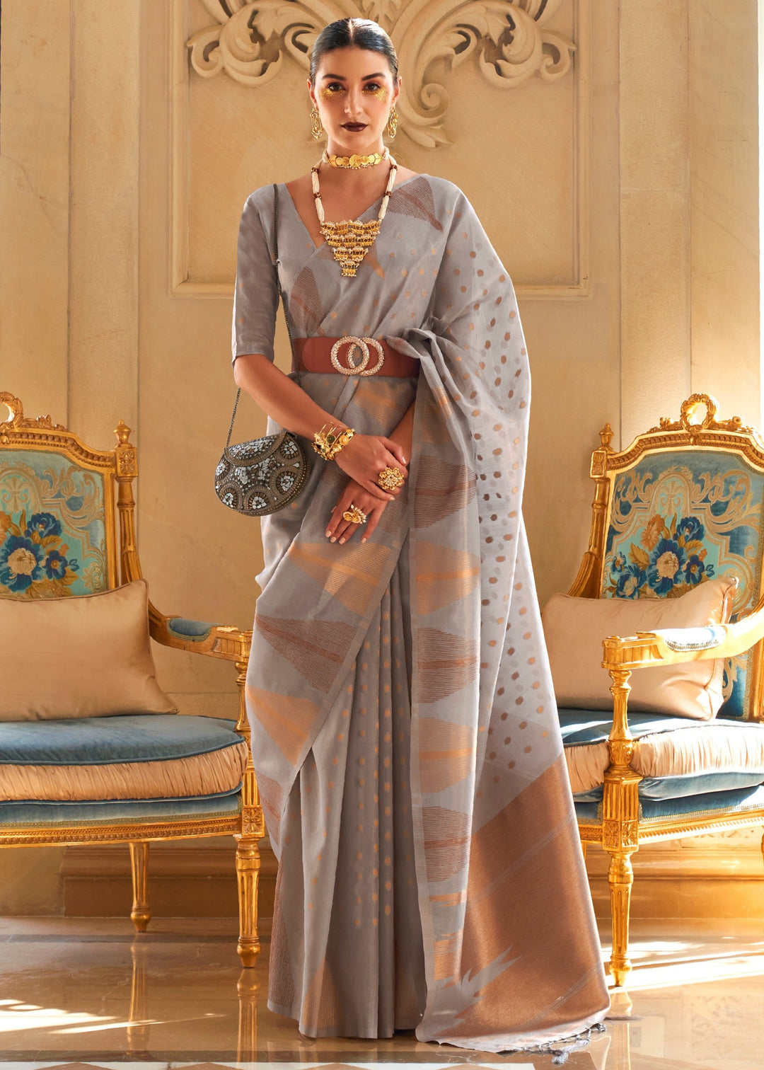 Cloudy Grey Tissue and Khicha Zari Handloom Weaving Silk Saree