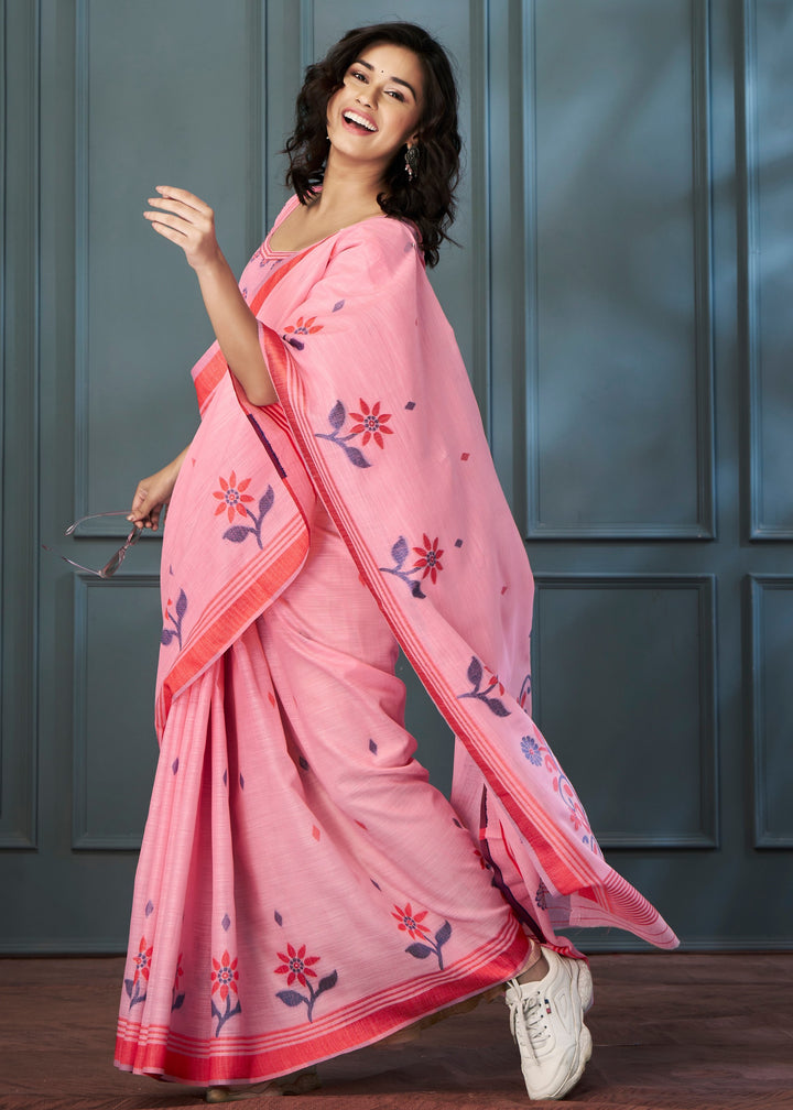 Soft Pink Handloom Linen Silk Saree with Beautiful Weaving