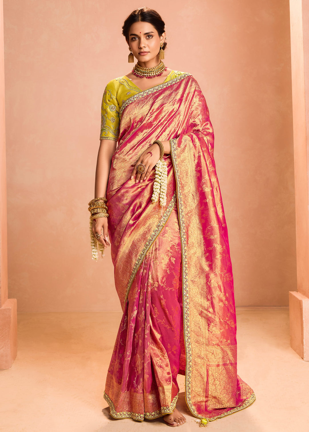 Rani Pink Zari Tissue Silk Saree With Weaving Work And Heavy Embroidery Lace