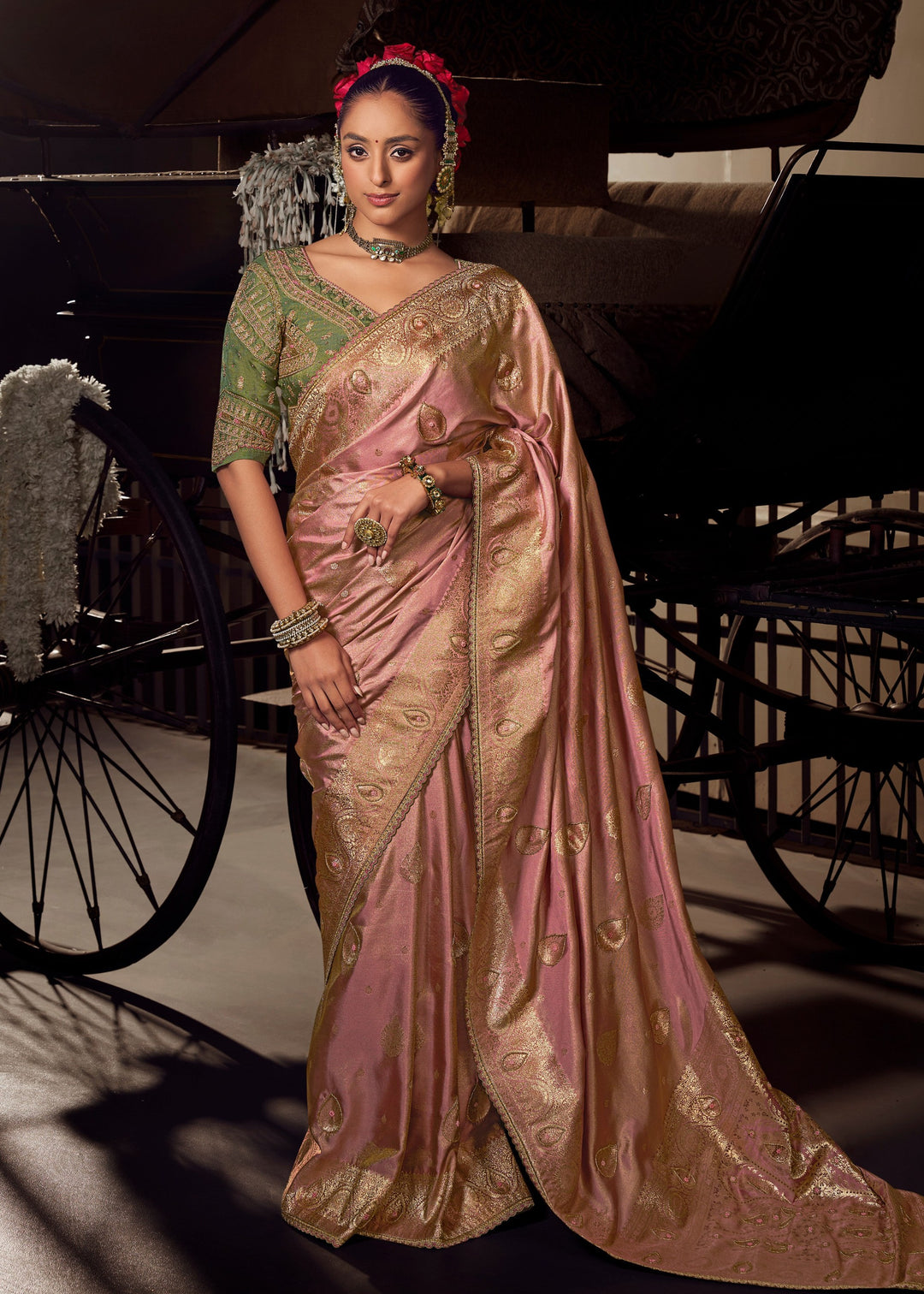 Shades of Pink Viscose Tissue Silk Saree with Handworked Pallu And Contrast Designer Blouse