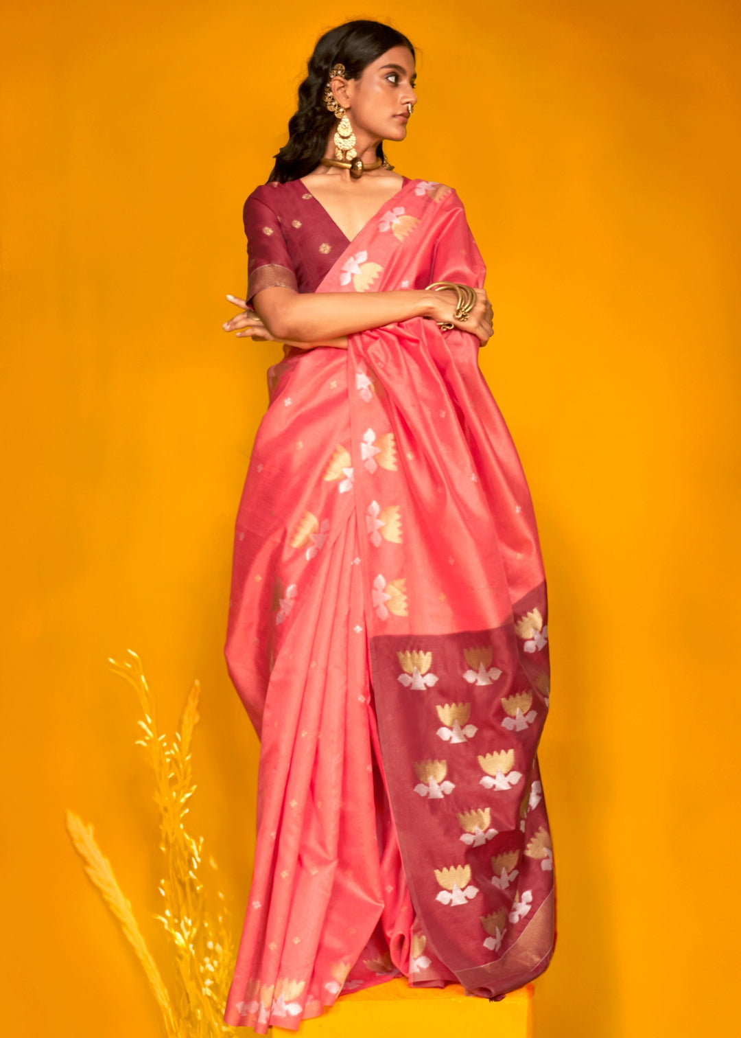 Peach Tussar Handloom Weaving Silk Saree