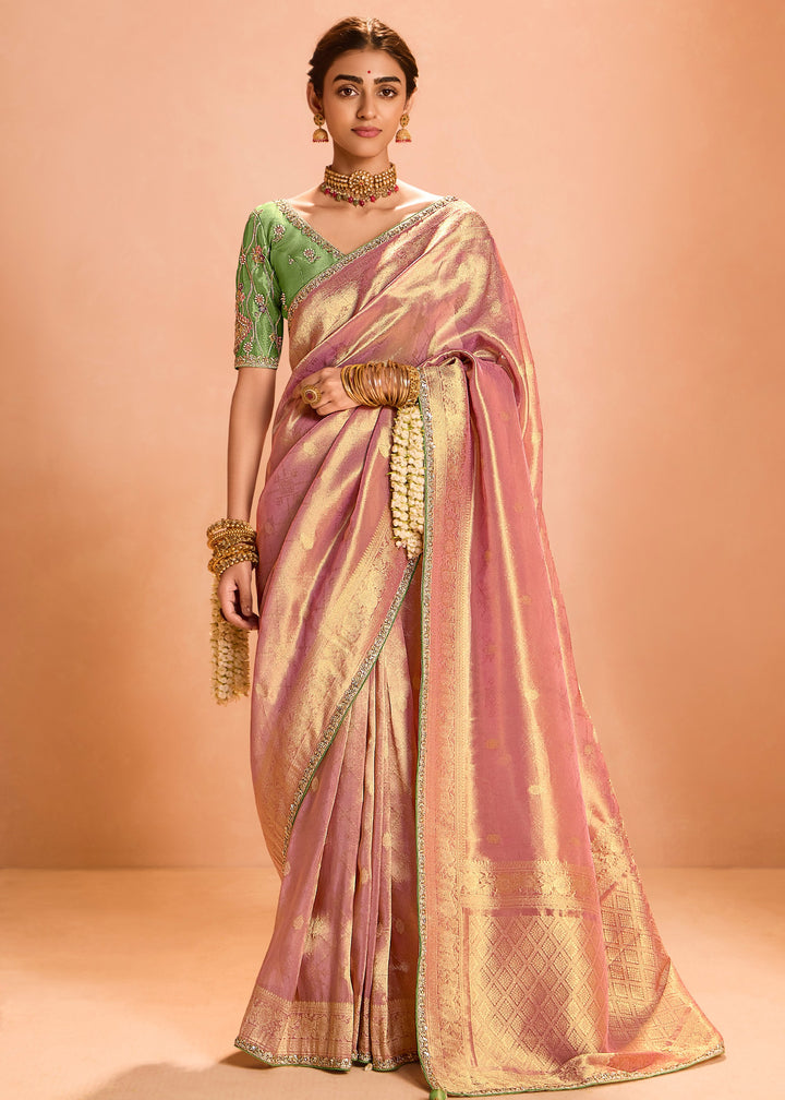 Rose Pink Zari Tissue Silk Saree With Weaving Work And Heavy Embroidery Lace