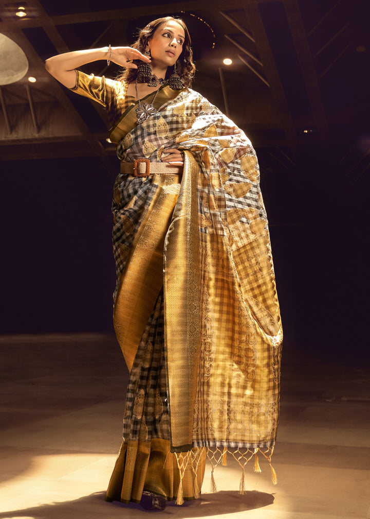 Golden Check Handloom Weaving Silk Saree