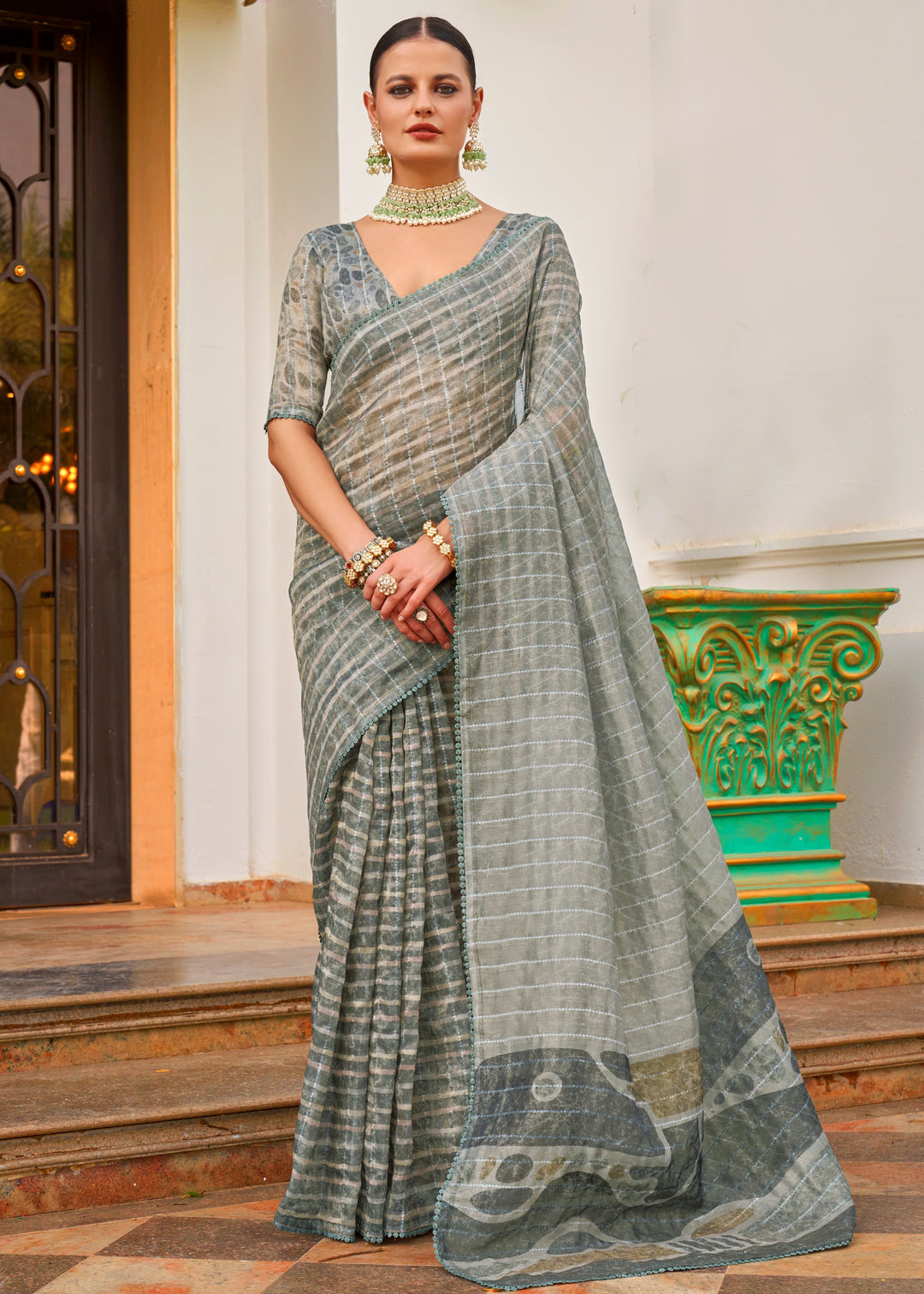 Dusty Blue Pure Tissue Silk Saree