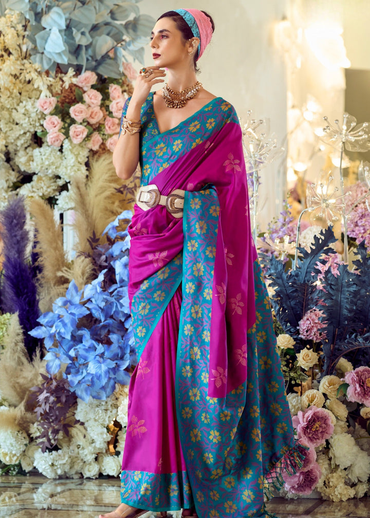 Magenta Pink Soft Silk Saree With Ikkat Border