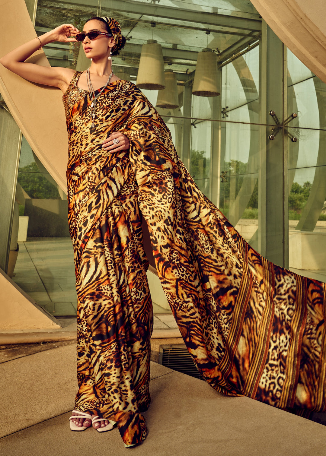 Leopard Satin Digital Printed Saree