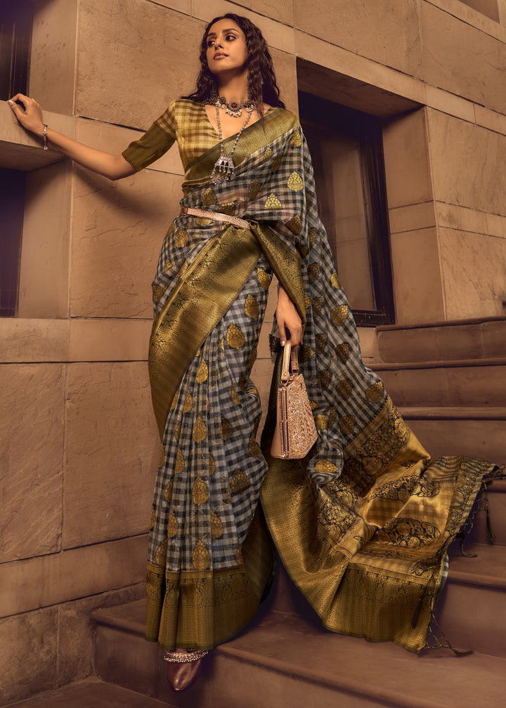 Olive Check Handloom Weaving Silk Saree