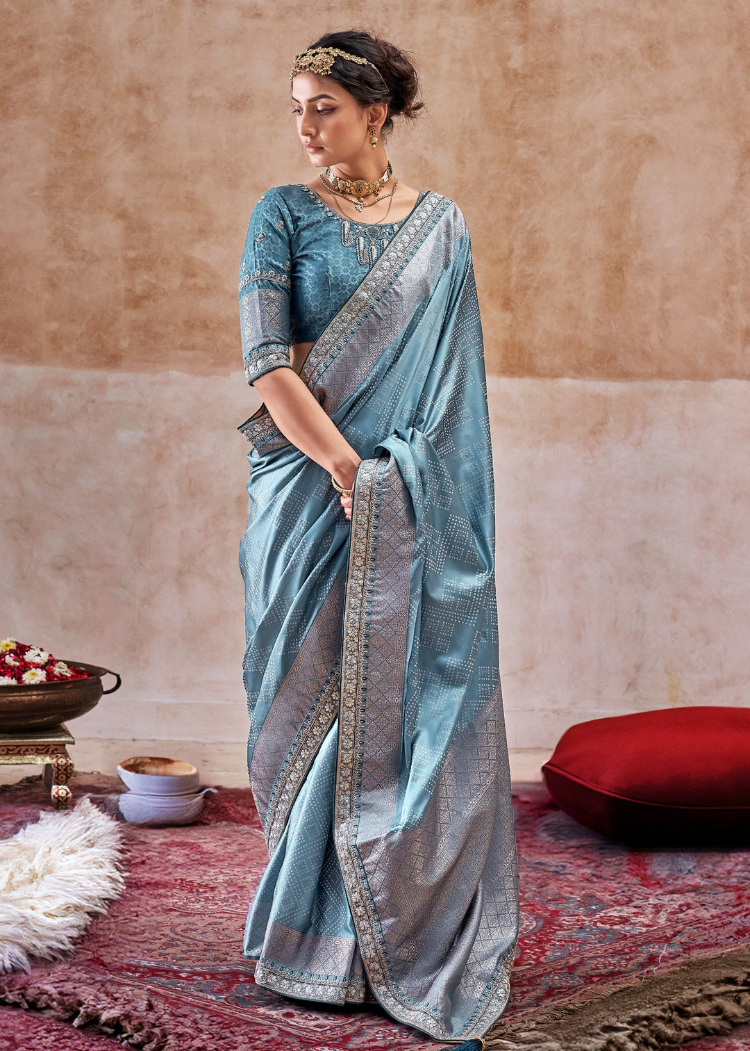 French Blue Satin Silk Saree With Heavy Embroidery Lace & Blouse