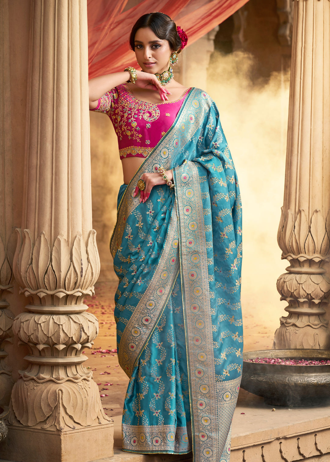 Capri Blue Satin Silk Saree With Beautiful Lace Border And Heavy Designer Embroidered Blouse