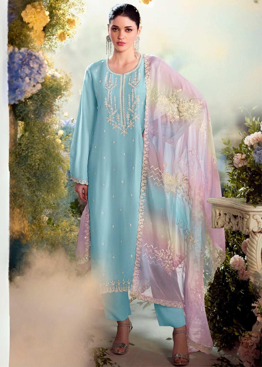 Pastel Blue Modale silk Salwar Suit with Embroidery