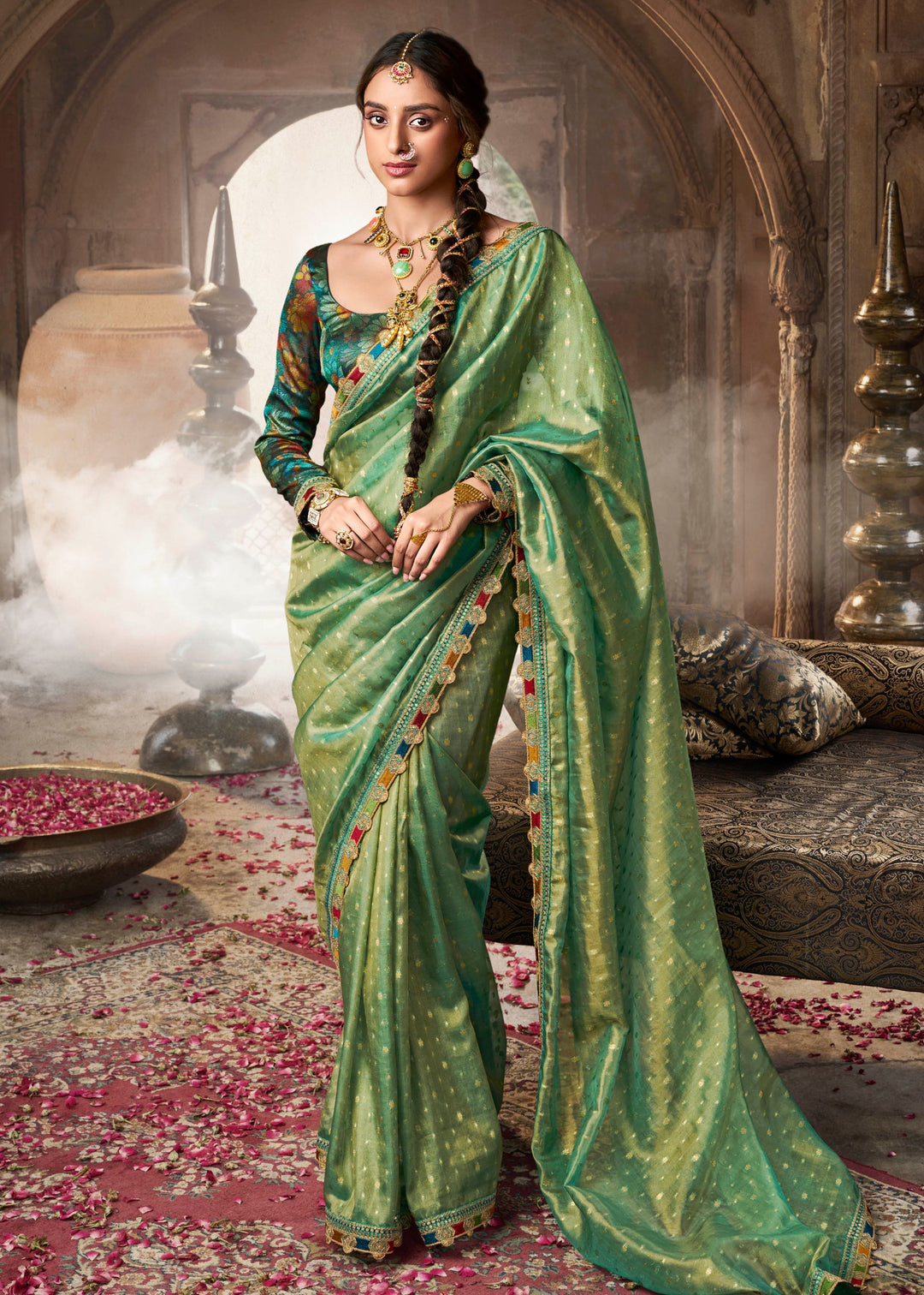 Viridian Green Tissue Silk Saree With Multicolored Lace & Designer Blouse