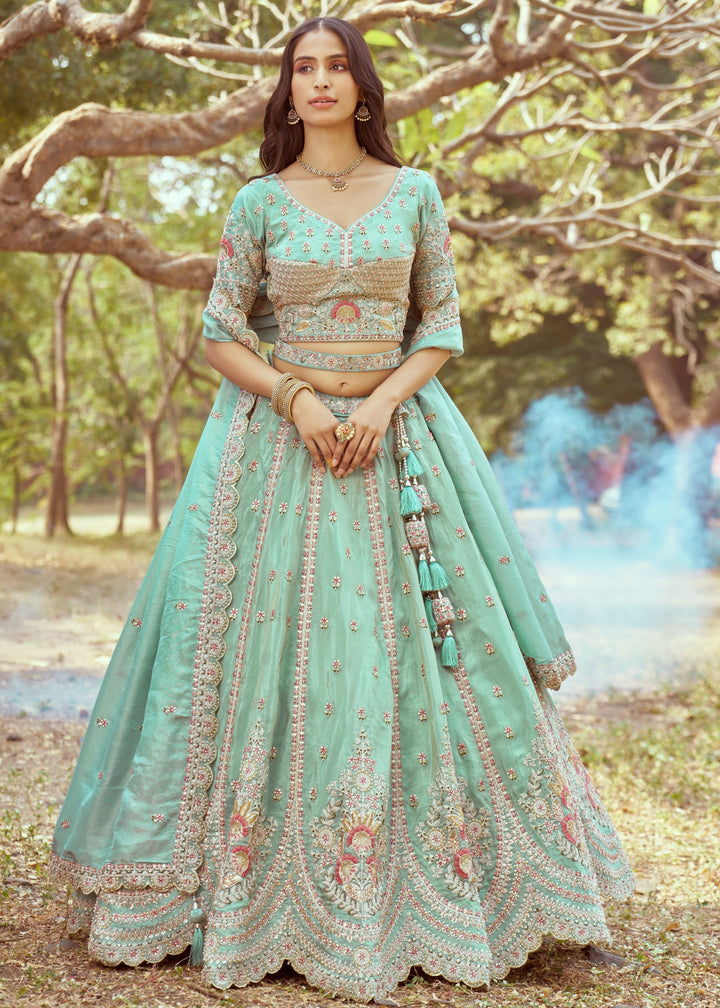 Seagreen Gold crushed Tissue Fabric Moti, Zari work Lehenga