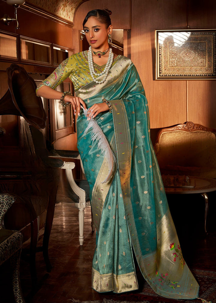 Cerulean Blue Pure Tissue Paithani Silk Saree with Heavy Designer Embroidered Blouse