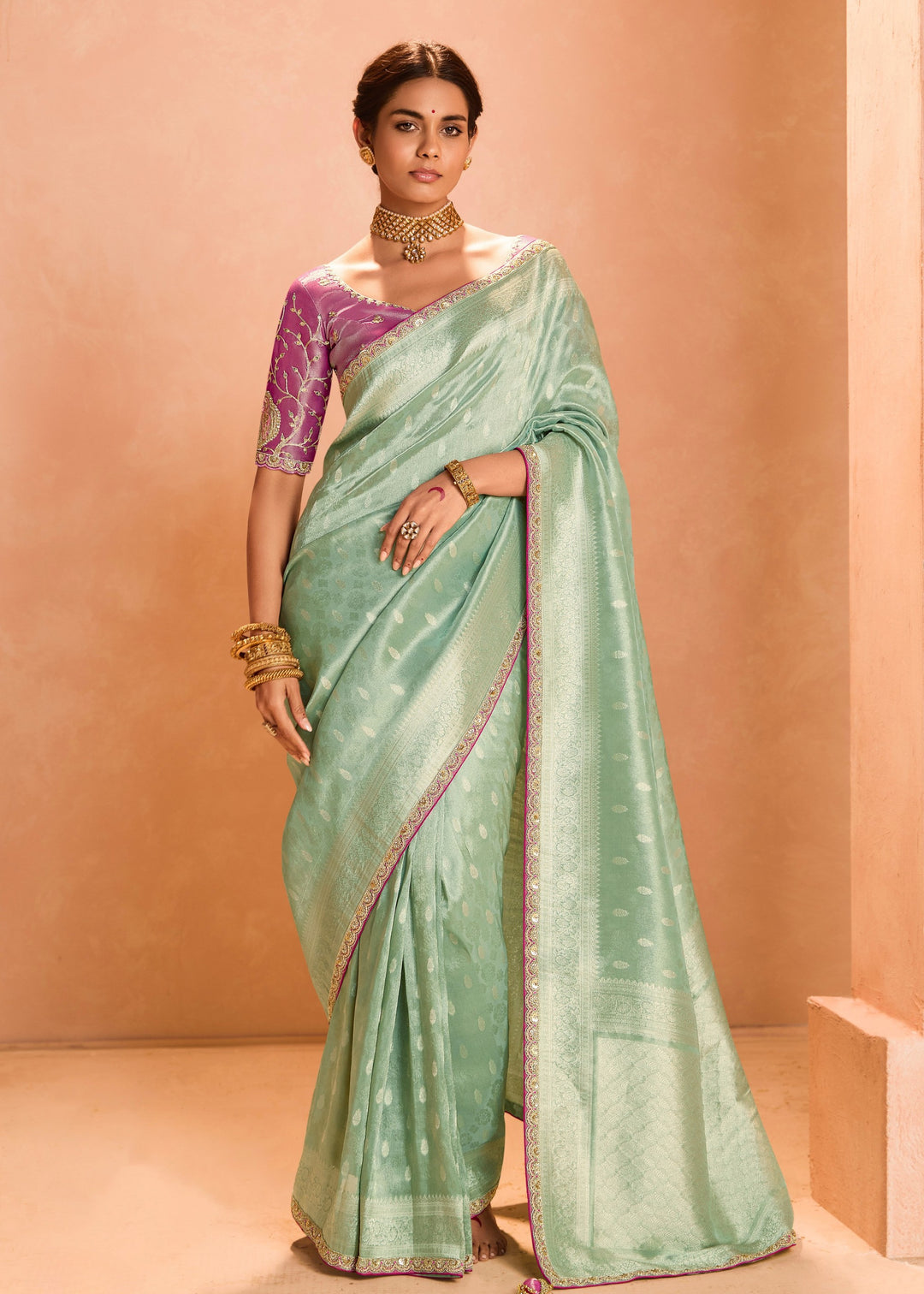 Mint Green Zari Tissue Silk Saree With Weaving Work And Heavy Embroidery Lace