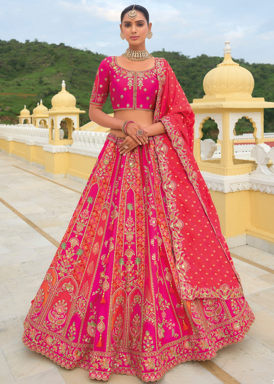 Magenta Pink And Orange Banarasi Silk Lehenga With Heavy Embroidery Work