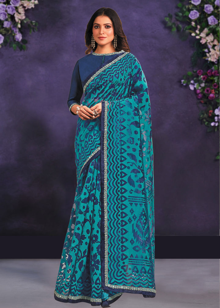 Persian Blue Designer Organza Saree with Cord Embroidered and Mirror Work