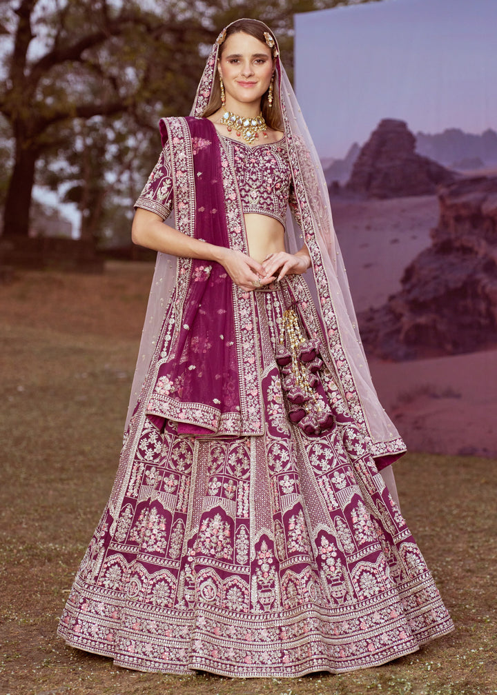 Purple Pure silk Moti, Sequins embroidery Bridal Lehenga