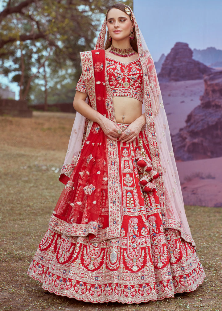 Red Pure silk Moti, Sequins embroidery Bridal Lehenga