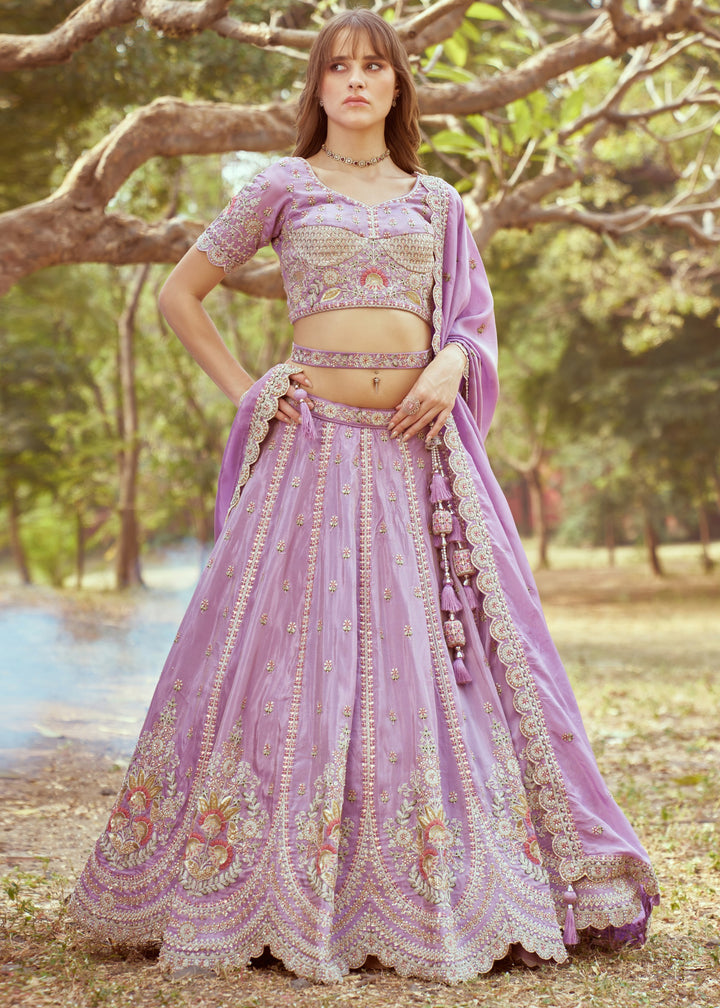 Lavender Gold crushed Tissue Fabric Moti, Zari work Lehenga