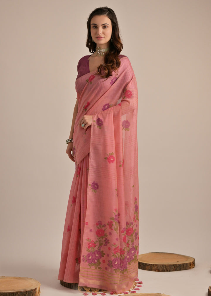 Coral Pink Thread Woven Cotton Saree With Contrast Blouse