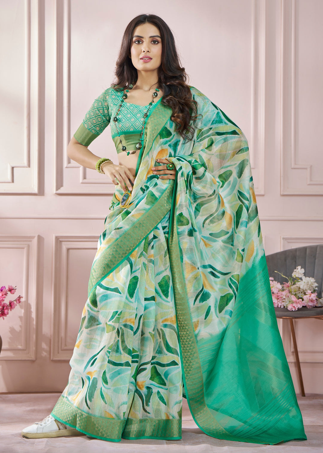 Mint Green Soft Zari Based Modal Silk Saree With Beautiful Colorfull Print