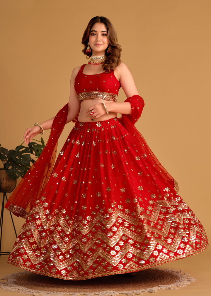 Scarlet Red Georgette Lehenga Choli With Sequins Zari Embroidered Work